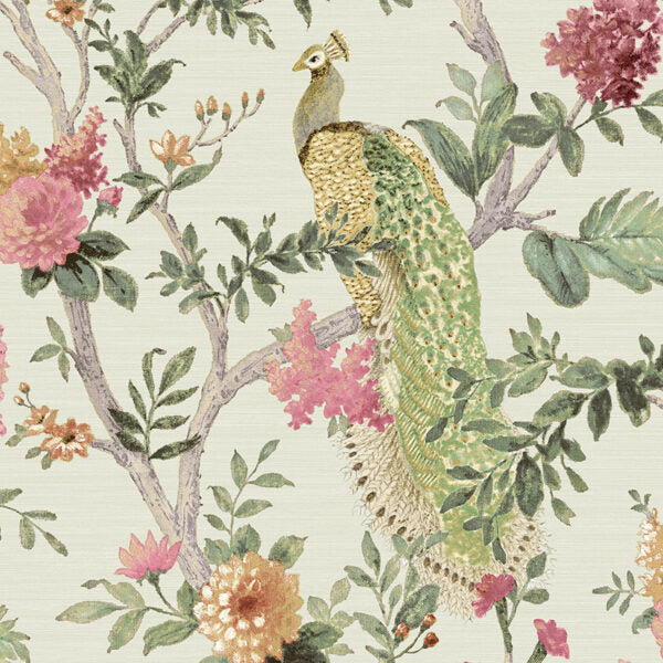 Papel pintado "Pavo real verde floral", por metro o en rollo