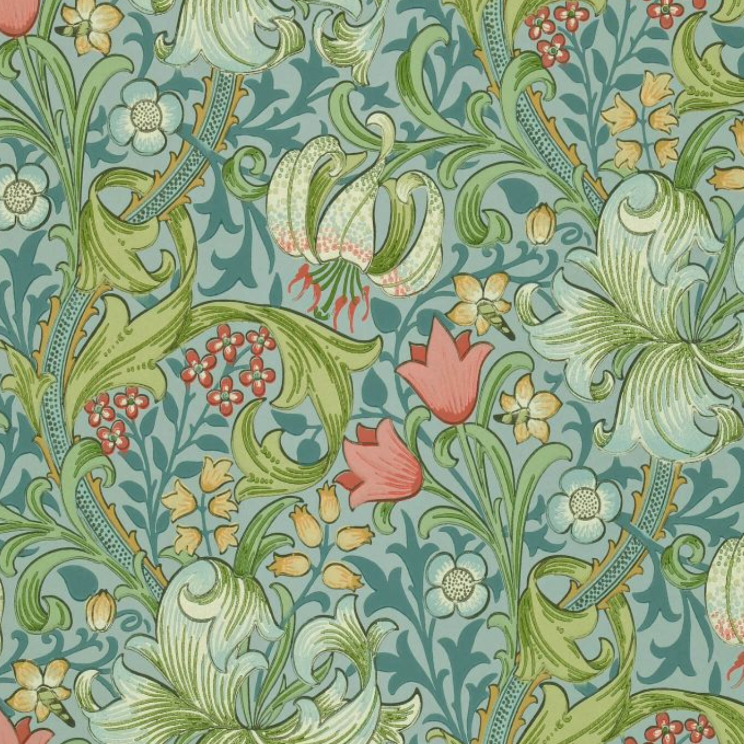 Carta da parati “Golden Lily” azzurra, catalogo Morris & Friends a metraggio o rotolo