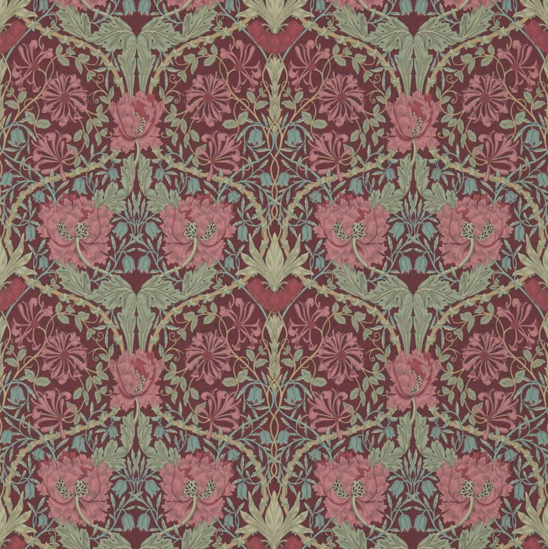 Carta da parati “Honeysuckle & Tulip” rossa e rosa, catalogo Morris & Friends a metraggio o rotolo (Copia)