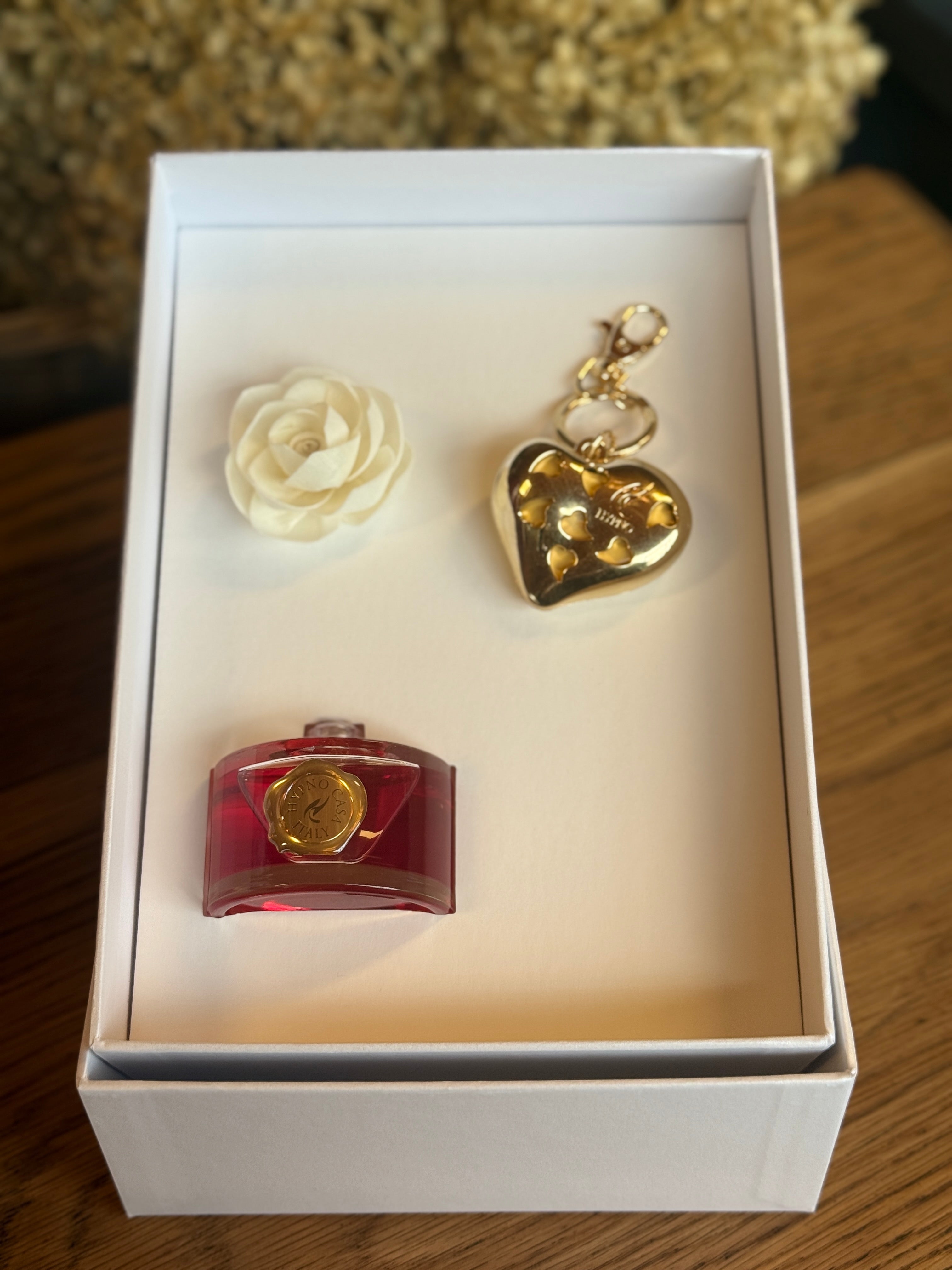 Confezione regalo - portachiavi e diffusore da 60 ml "Dolci emozioni con rosa"