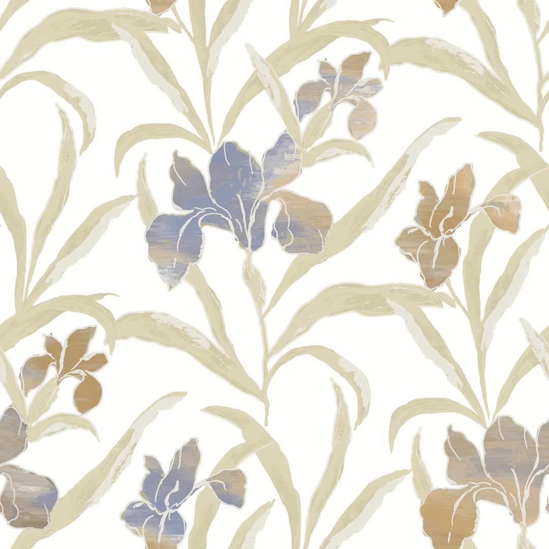 Carta da parati "Iris blu e arancio su fondo bianco" a metraggio o rotolo