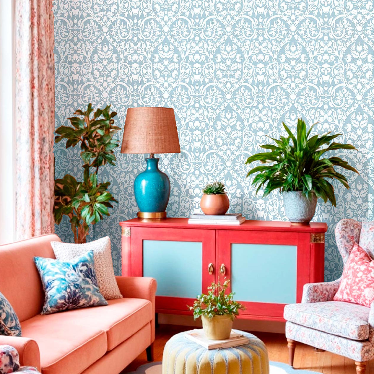 Carta da parati "Damasco floreale azzurro" a metraggio o rotolo