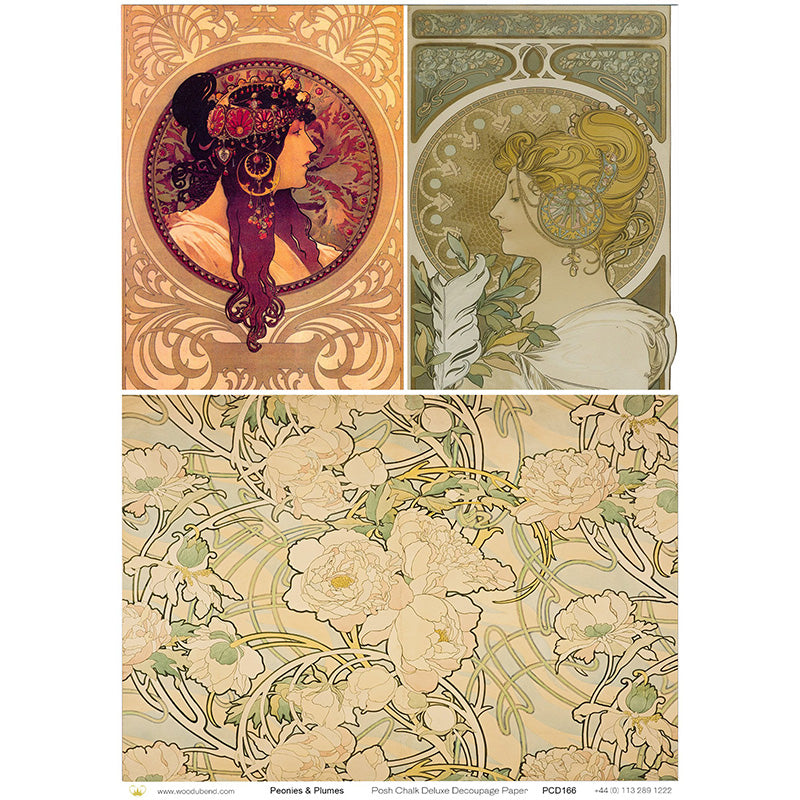 Carta da Découpage "Peonies and Plumes" in Carta di Riso Posh chalk 28,5x40cm
