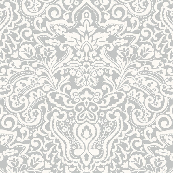 Papel pintado “Damasco con Flores – Gris”, por metro o en rollo