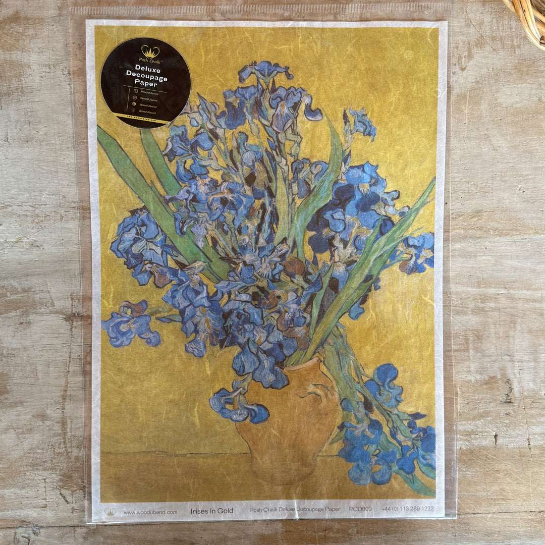 Carta da Découpage "Irises in gold" in Carta di Riso Posh chalk 29,7 x 42 cm