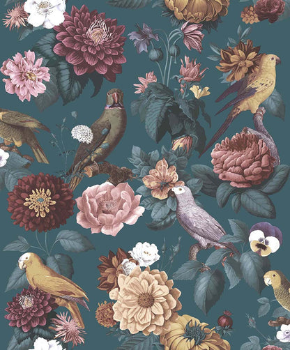 Carta da parati "BOTANY HOUSE PAROTTINI BLU E ROSA", a metraggio o rotolo