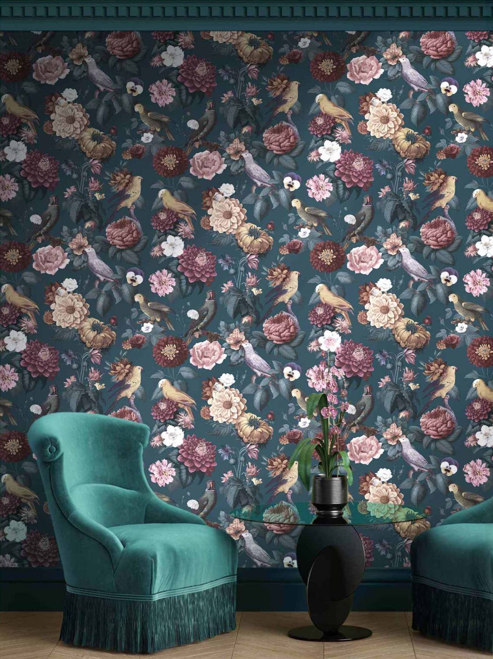 Carta da parati "BOTANY HOUSE PAROTTINI BLU E ROSA", a metraggio o rotolo