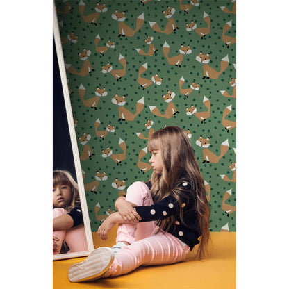 Carta da parati "Volpi - Verde", a metraggio o a rotolo