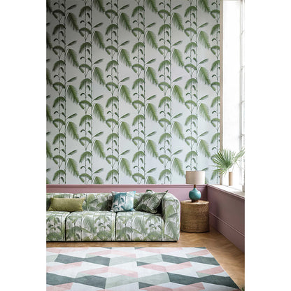 TESSUTO "Palm Jungle Linen Union Olive Green on White" - The Contemporary - Cole & Son