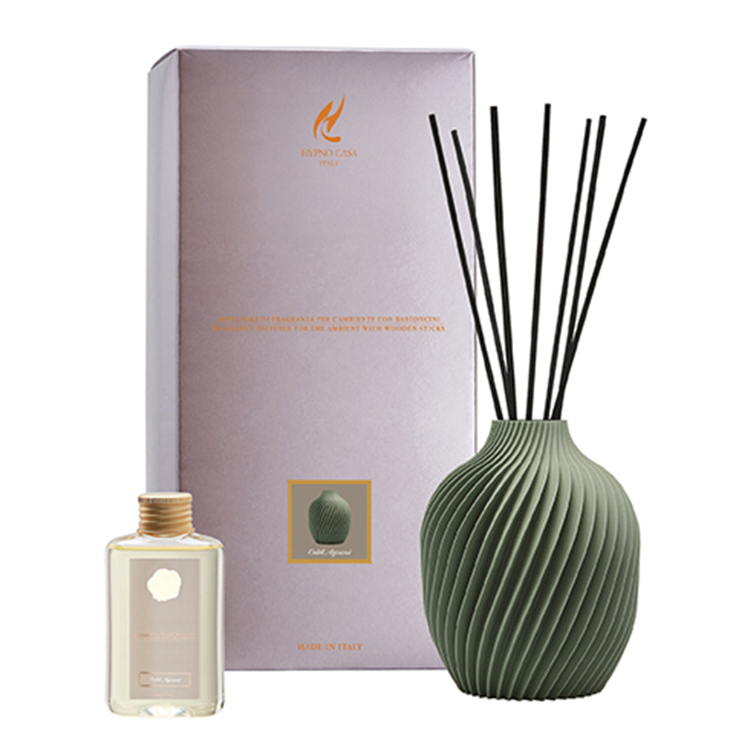 Profumatore vaso verde salvia “Caldi agrumi” Diffusore a bastoncino, Hypno Casa, 100 ml