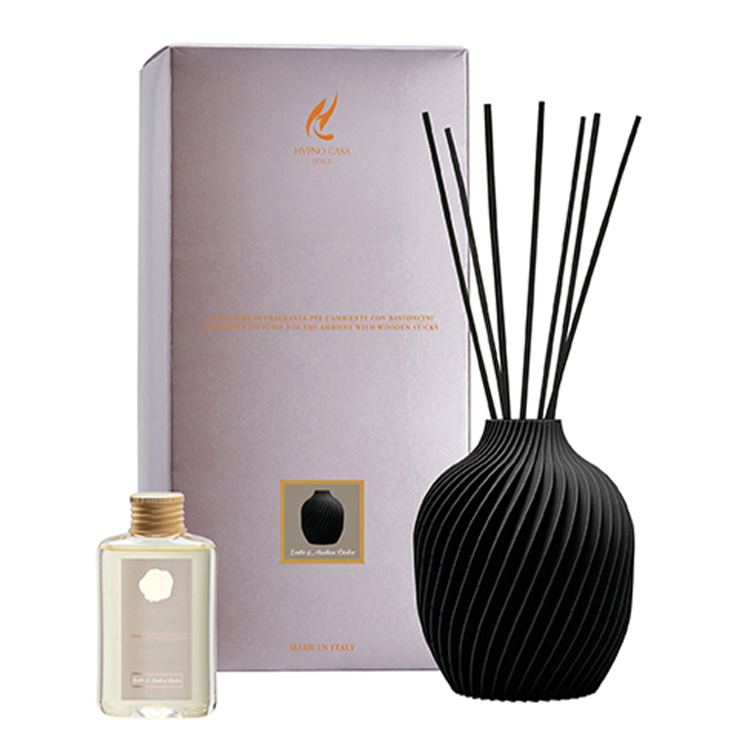 Profumatore vaso nero “Latte e Ambra dolce” Diffusore a bastoncino, Hypno Casa, 100 ml
