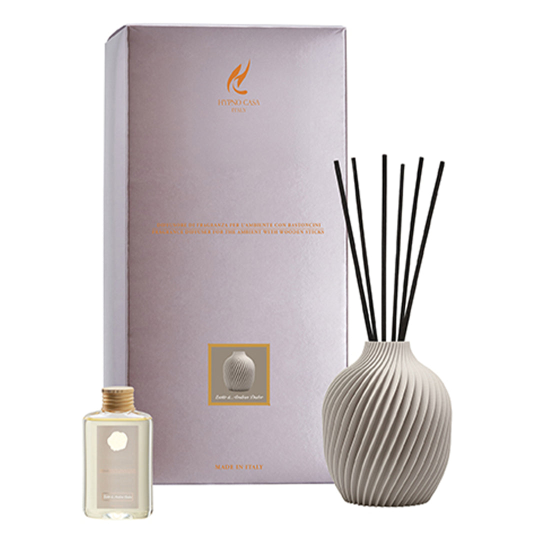Profumatore vaso grigio chiaro “Latte e Ambra dolce” Diffusore a bastoncino, Hypno Casa, 50 ml