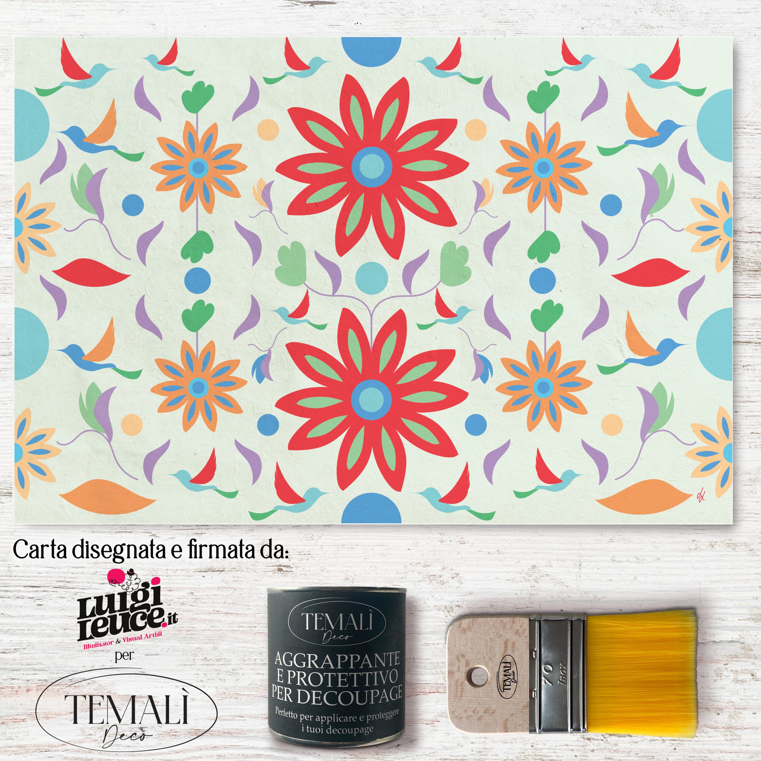 Dècoupage d'autore - Rondini in volo con fiore rosso - Luigi Leuce