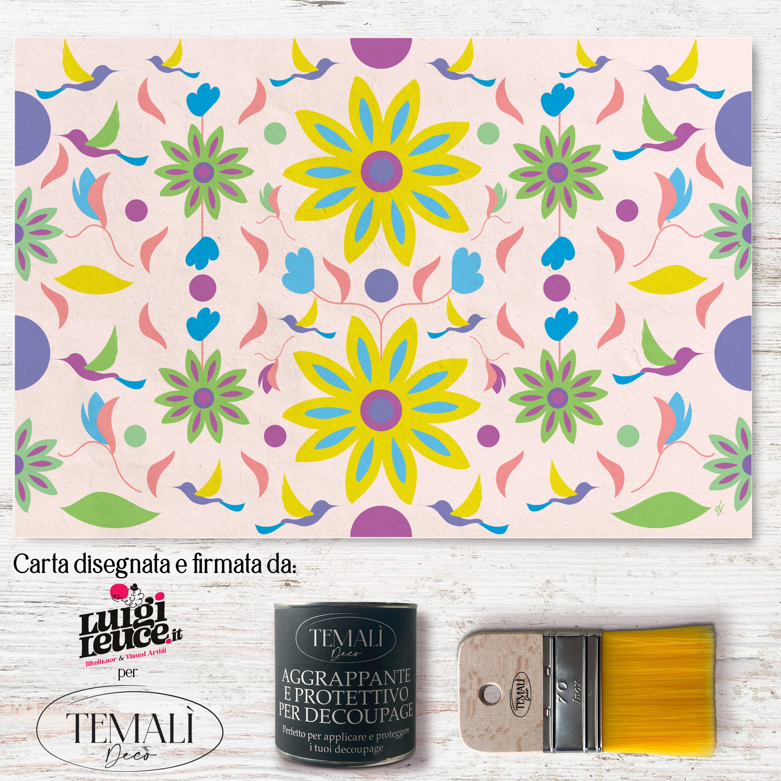 Dècoupage d'autore - Rondini in volo con fiore giallo - Luigi Leuce