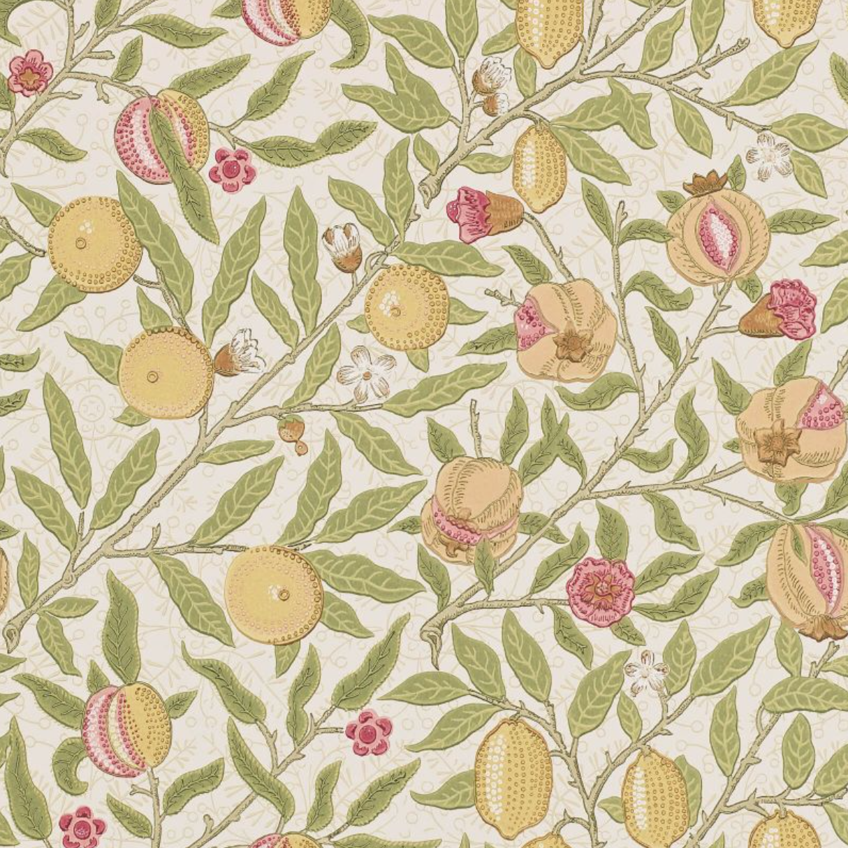 Carta da parati “Fruit” verde, beige e rosa, catalogo Morris & Friends a metraggio o rotolo