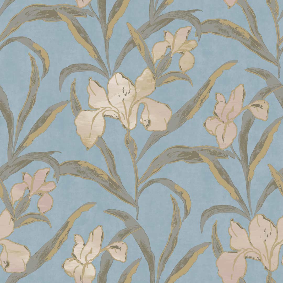 Carta da parati "Iris rosa cipria su fondo celeste" a metraggio o rotolo