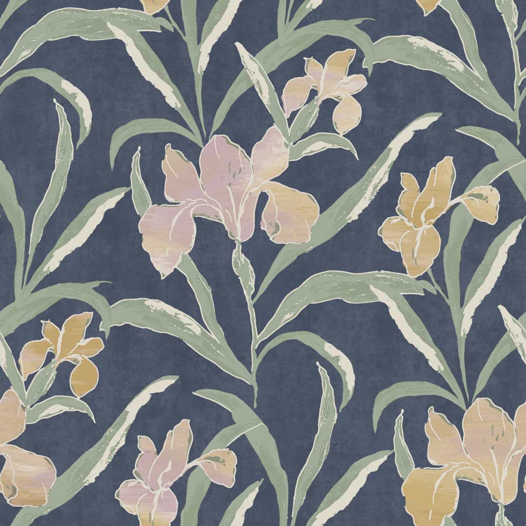 Carta da parati "Iris rosa e gialli su fondo blu" a metraggio o rotolo