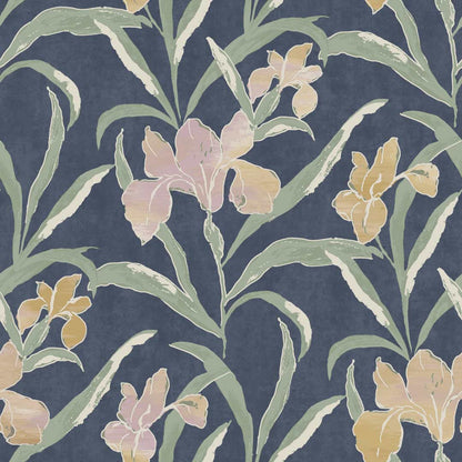 Carta da parati "Iris rosa e gialli su fondo blu" a metraggio o rotolo