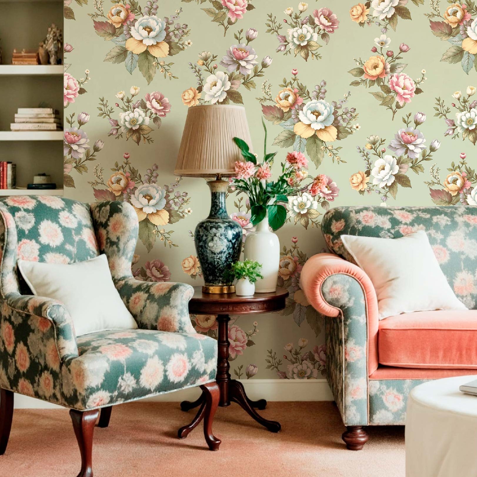 Carta da parati "Bouquet vintage verde" a metraggio o rotolo