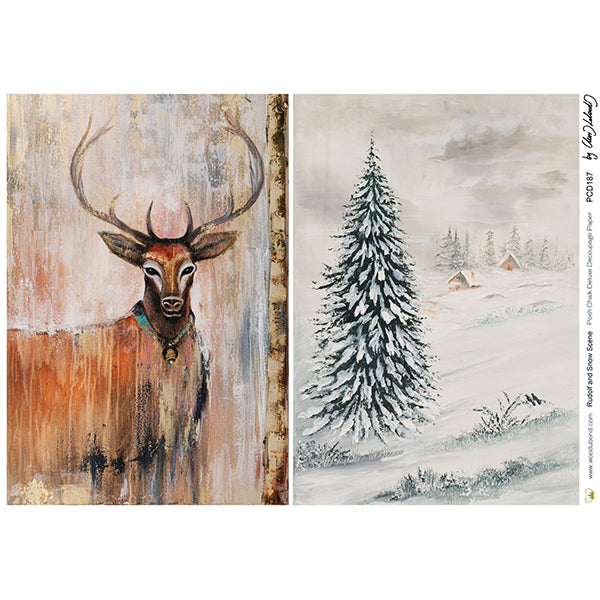 Carta da Découpage Natalizia "Rudolf and Snow Scene" in Carta di Riso Posh chalk  29,7 x 42 cm