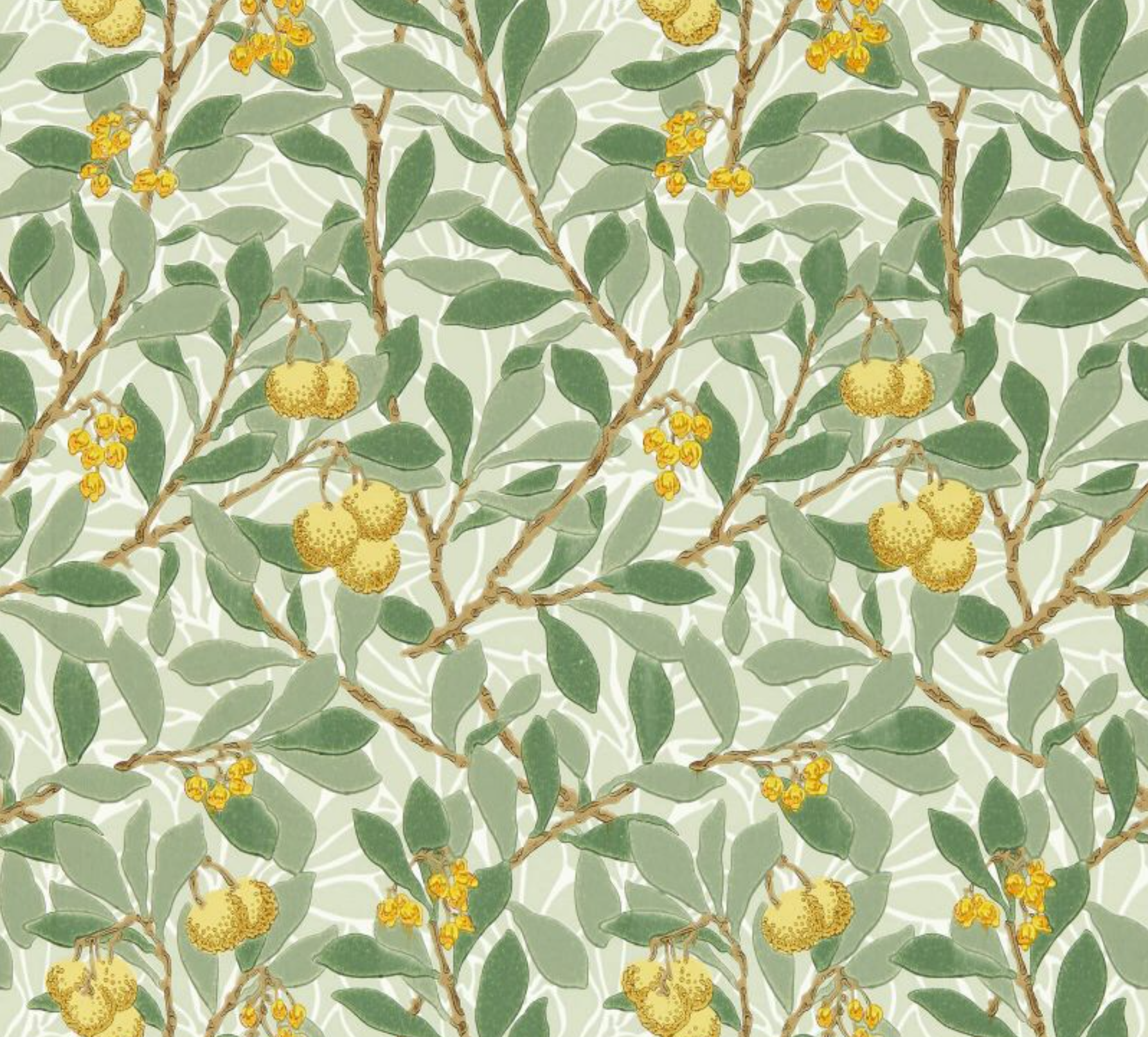 Carta da parati “Arbutus” verde e giallo, catalogo Morris & Friends a metraggio o rotolo