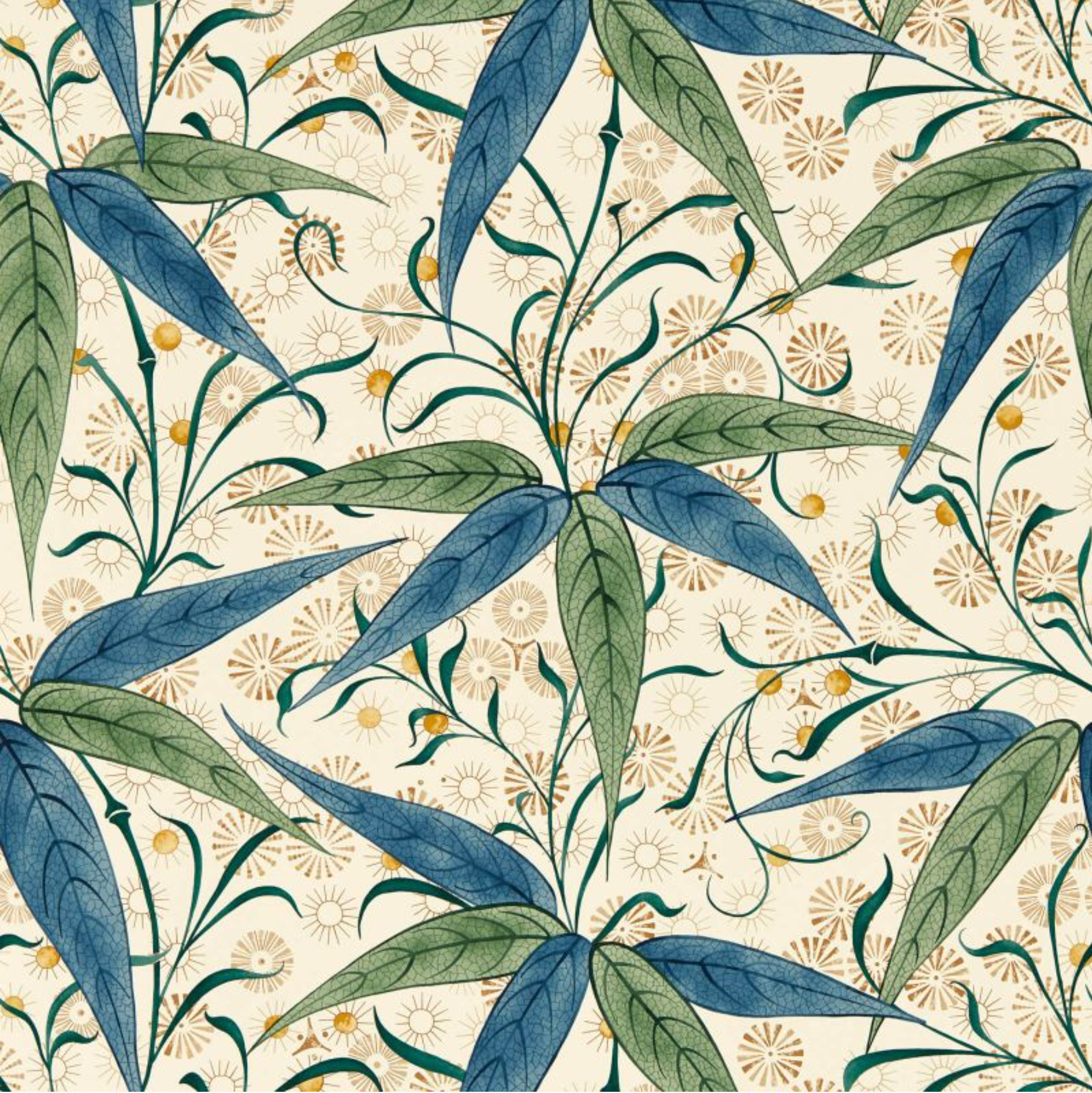 Carta da parati “Bamboo” verde e blu, catalogo Morris & Friends a metraggio o rotolo