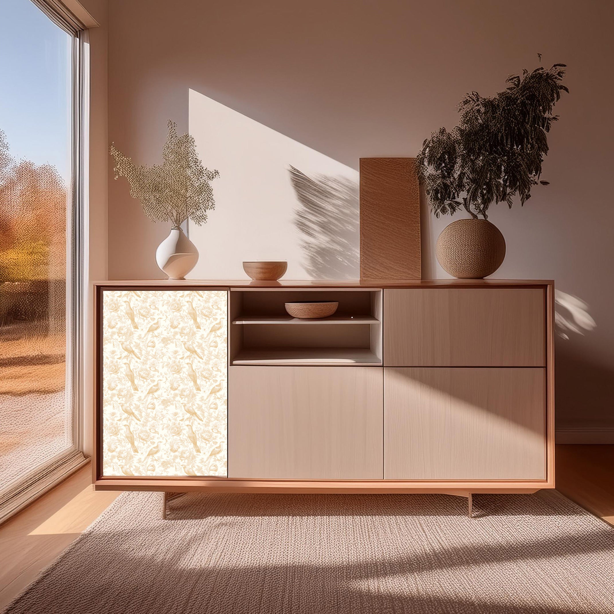 Dècoupage Toile de Jouy - Fiori e uccelli ocra