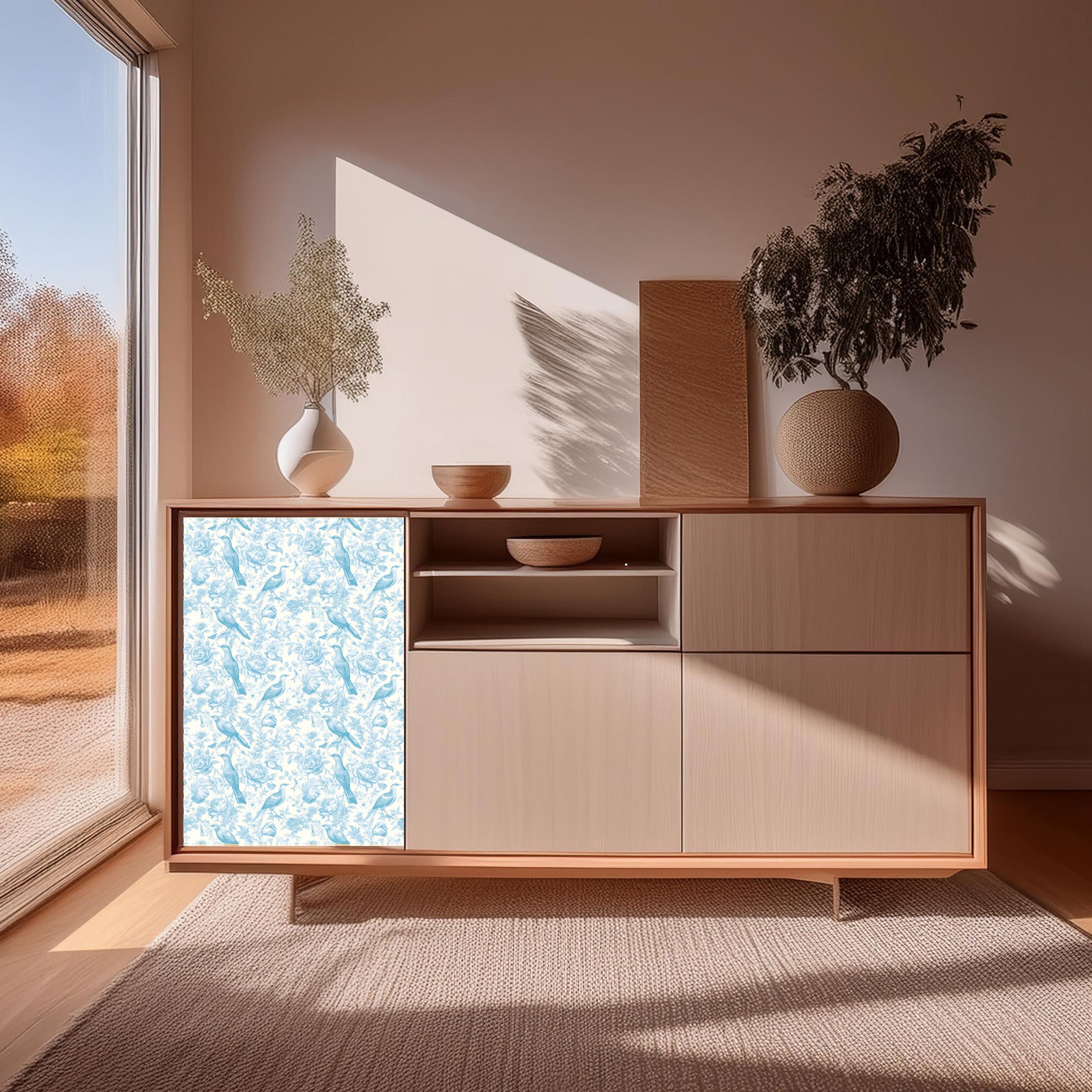 Dècoupage Toile de Jouy - Fiori e uccelli azzurri