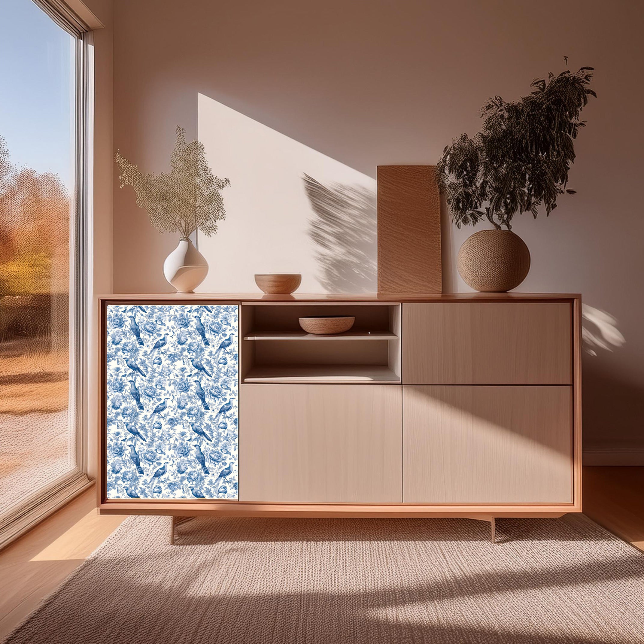 Dècoupage Toile de Jouy - Fiori e uccelli blu