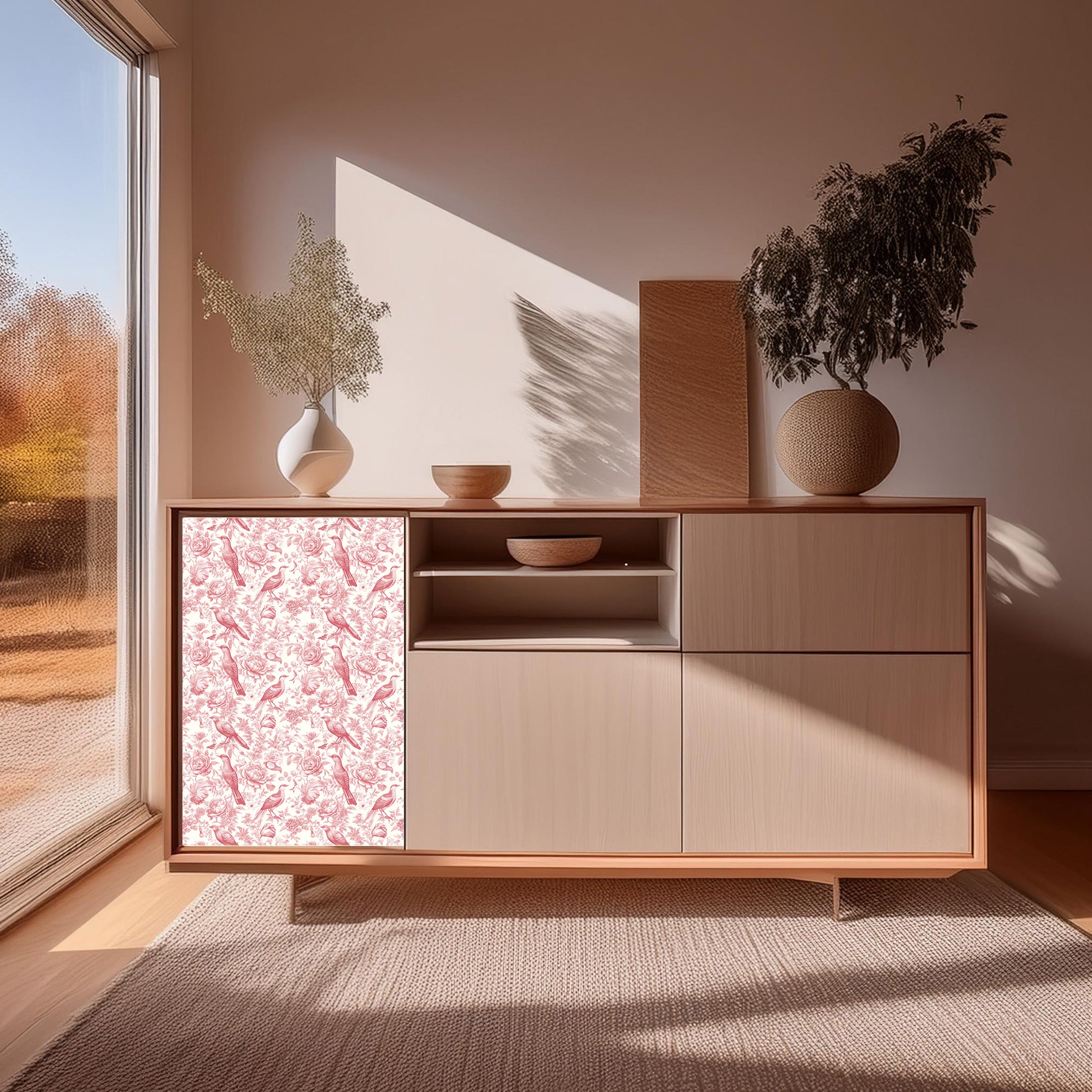 Dècoupage Toile de Jouy - Fiori e uccelli rossi