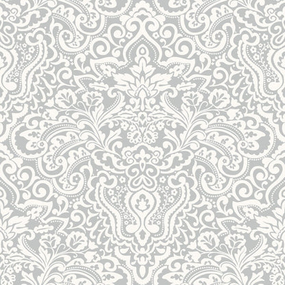 Papel pintado “Damasco con Flores – Gris”, por metro o en rollo