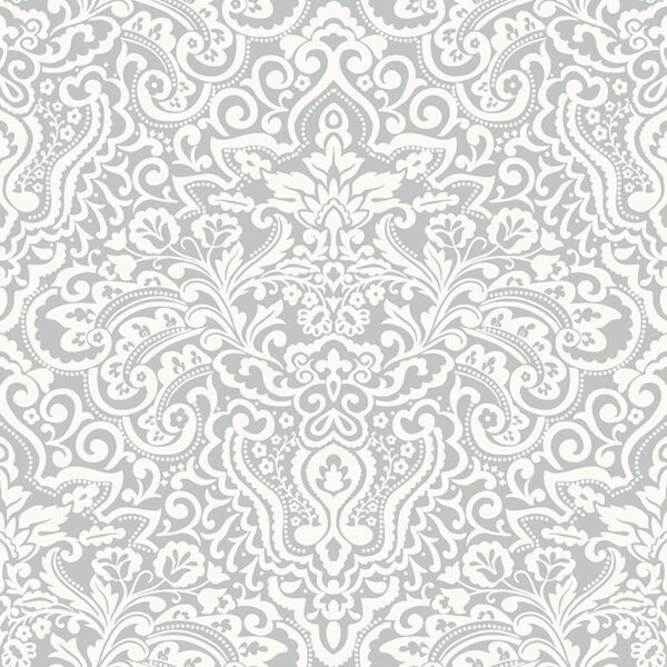 Papel pintado “Damasco con Flores – Gris”, por metro o en rollo