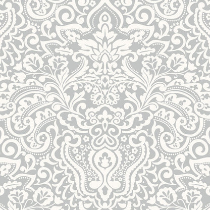 Papel pintado “Damasco con Flores – Gris”, por metro o en rollo