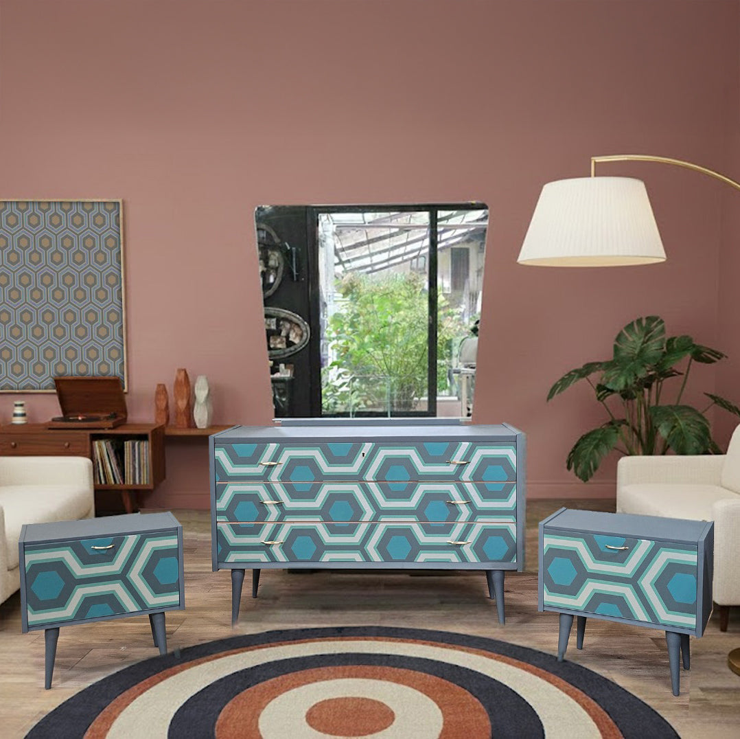 Comò con specchio e 2 comodini abbinati "Geometrie vintage"