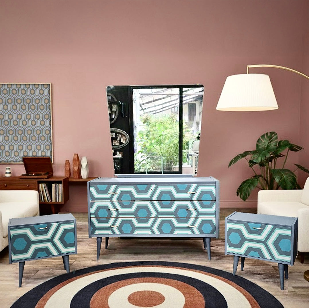 Comò con specchio e 2 comodini abbinati "Geometrie vintage"